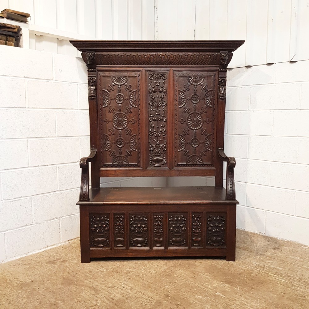 ANTIQUE VICTORIAN CARVED OAK HIGH BACKED  BOX SETTLE C1880 View X