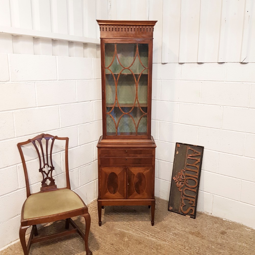 ANTIQUE EDWARDIAN TALL NARROW ASTRAGAL GLAZED MAHOGANY CABINET C19