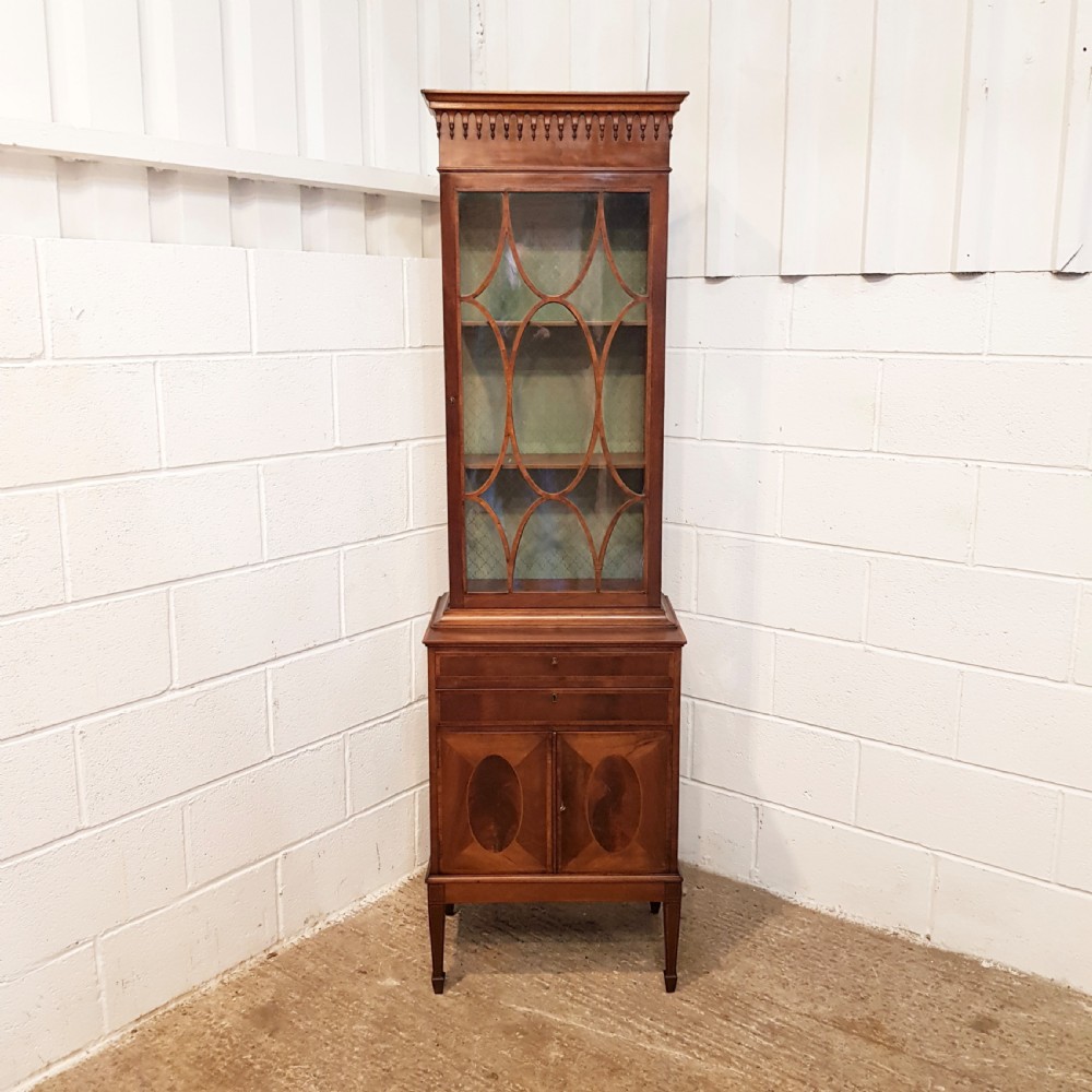 ANTIQUE EDWARDIAN TALL NARROW ASTRAGAL GLAZED MAHOGANY CABINET C19 View V