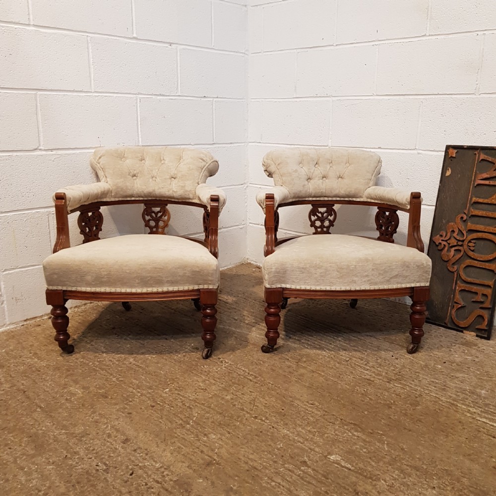 ANTIQUE PAIR EDWARDIAN WALNUT TUB SALON CHAIRS C1900