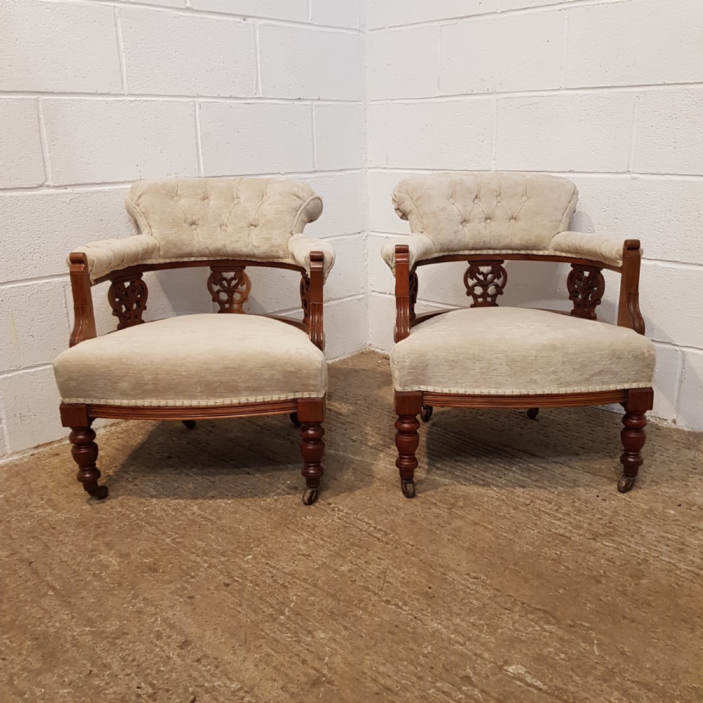 ANTIQUE PAIR EDWARDIAN WALNUT TUB SALON CHAIRS C1900 View II