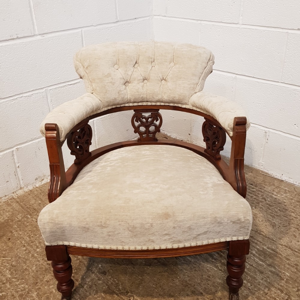 ANTIQUE PAIR EDWARDIAN WALNUT TUB SALON CHAIRS C1900 View III