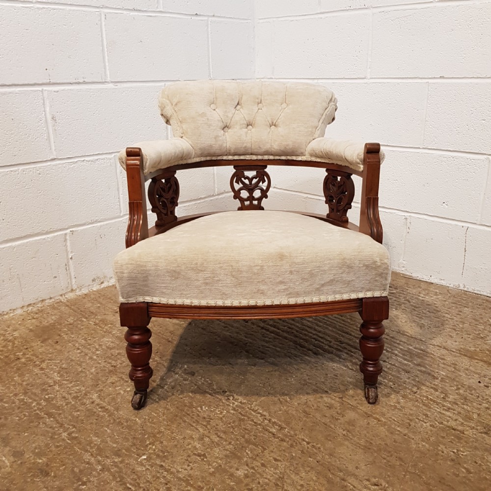 ANTIQUE PAIR EDWARDIAN WALNUT TUB SALON CHAIRS C1900 View V