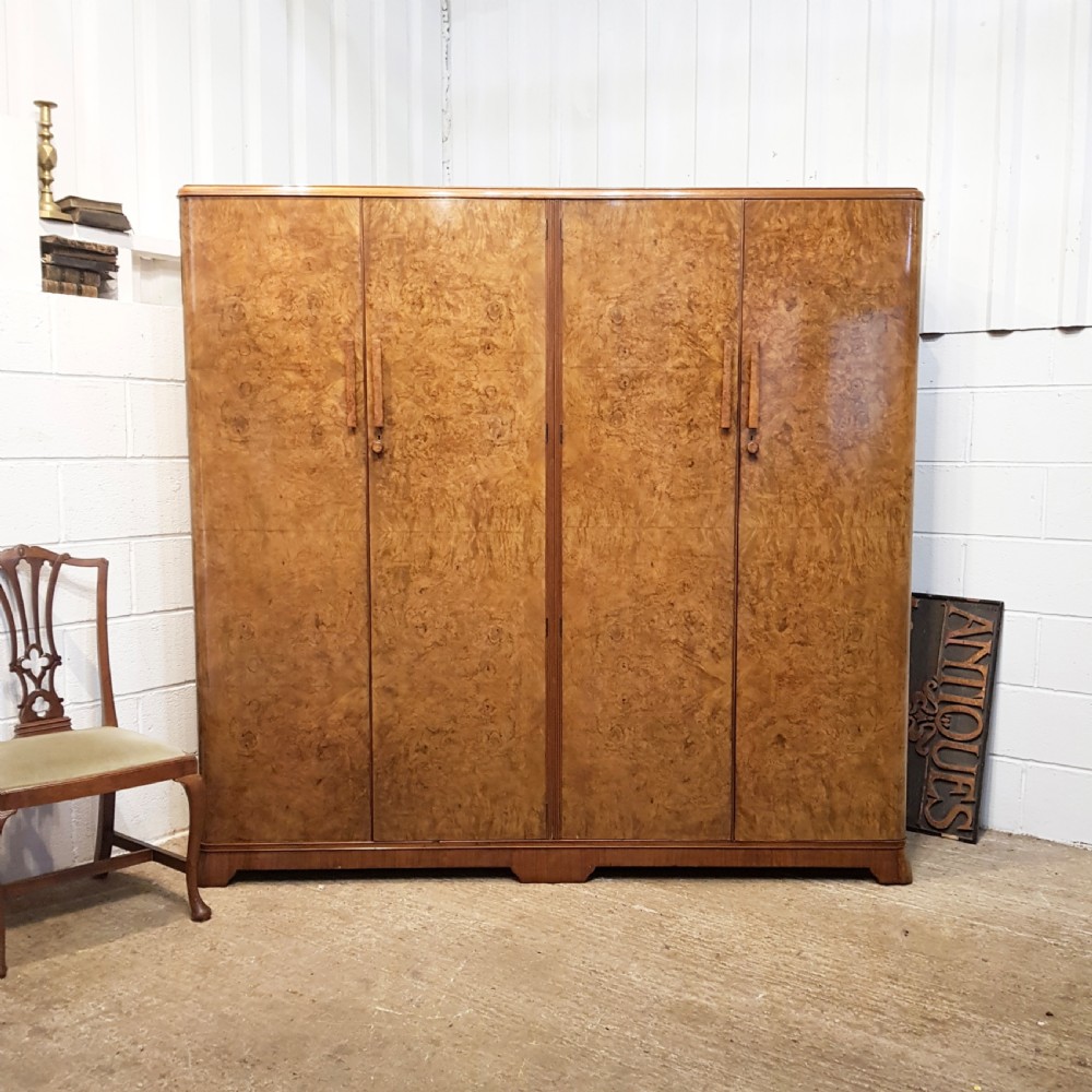 ANTIQUE ART DECO BURR WALNUT FOUR DOOR FITTED WARDROBE C1920