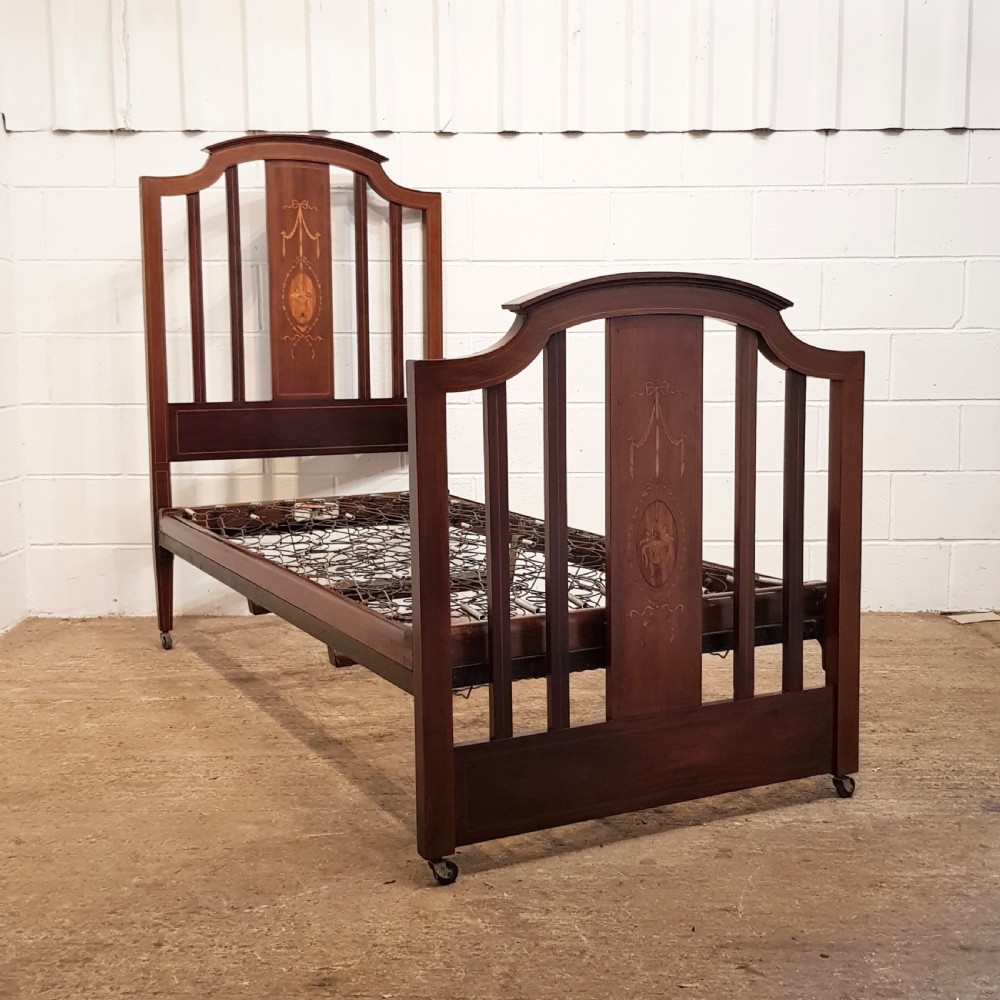 ANTIQUE EDWARDIAN INLAID MAHOGANY SINGLE BED BY STAPLES  c1900