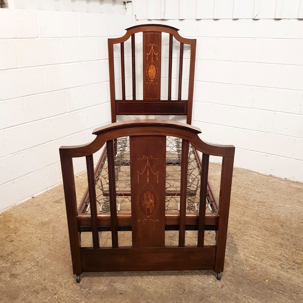 ANTIQUE EDWARDIAN INLAID MAHOGANY SINGLE BED BY STAPLES  c1900 View II