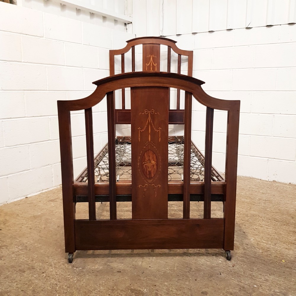 ANTIQUE EDWARDIAN INLAID MAHOGANY SINGLE BED BY STAPLES  c1900 View IV