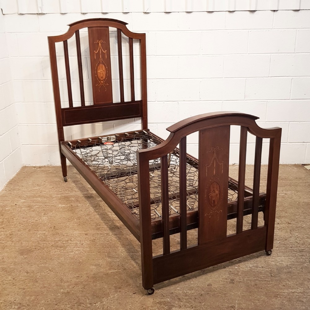 ANTIQUE EDWARDIAN INLAID MAHOGANY SINGLE BED BY STAPLES  c1900 View VI