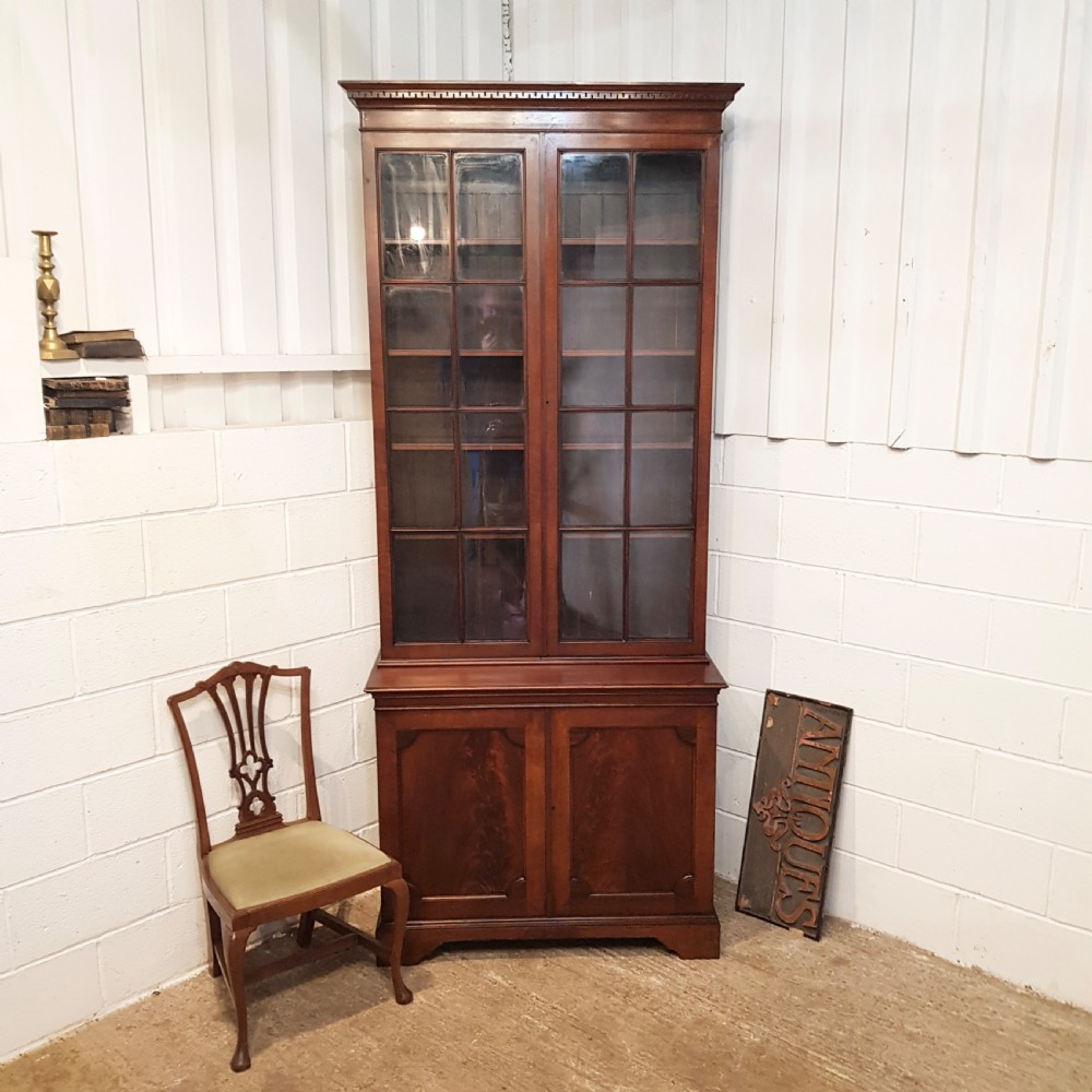 ANTIQUE 18TH CENTURY TALL MAHOGANY GLAZED BOOKCASE ON CUPBOARD C1780