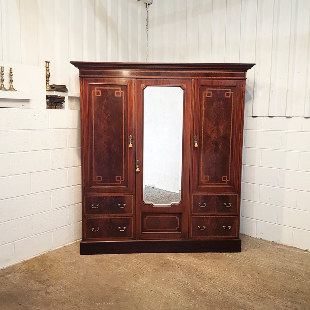 ANTIQUE EDWARDIAN INLAID MAHOGANY TRIPLE WARDROBE C1900 View II