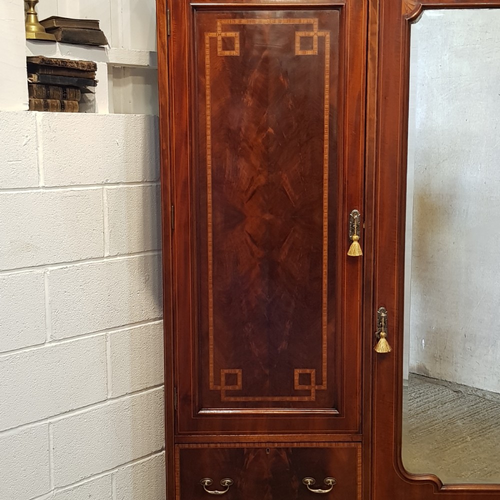 ANTIQUE EDWARDIAN INLAID MAHOGANY TRIPLE WARDROBE C1900 View V