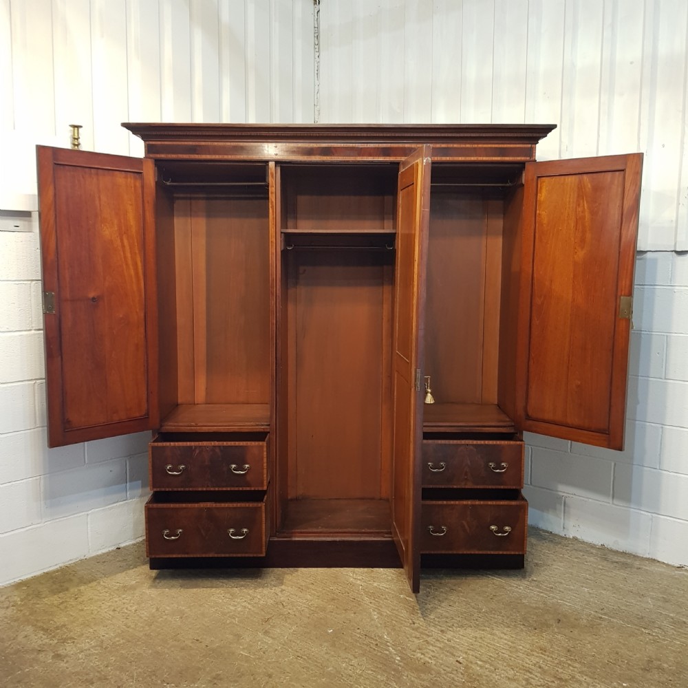 ANTIQUE EDWARDIAN INLAID MAHOGANY TRIPLE WARDROBE C1900 View VI