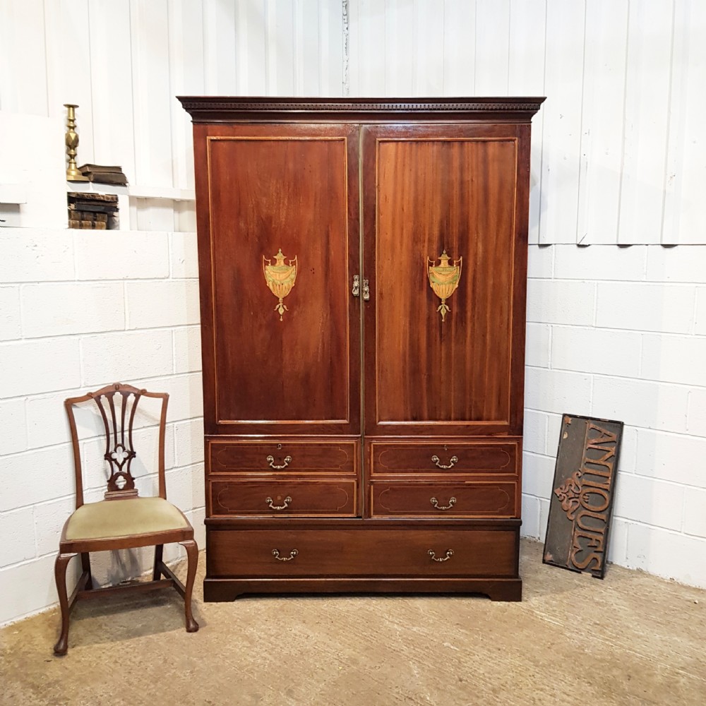 ANTIQUE LATE 18TH CENTURY INLAID MAHOGANY DOUBKE WARDROBE C1790