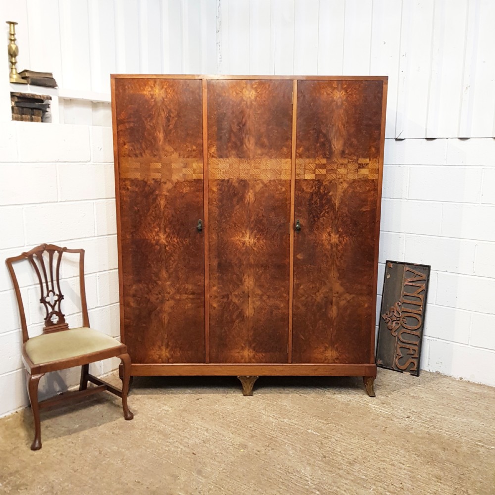 ANTIQUE ART DECO BURR WALNUT TRIPLE WARDROBE C1920