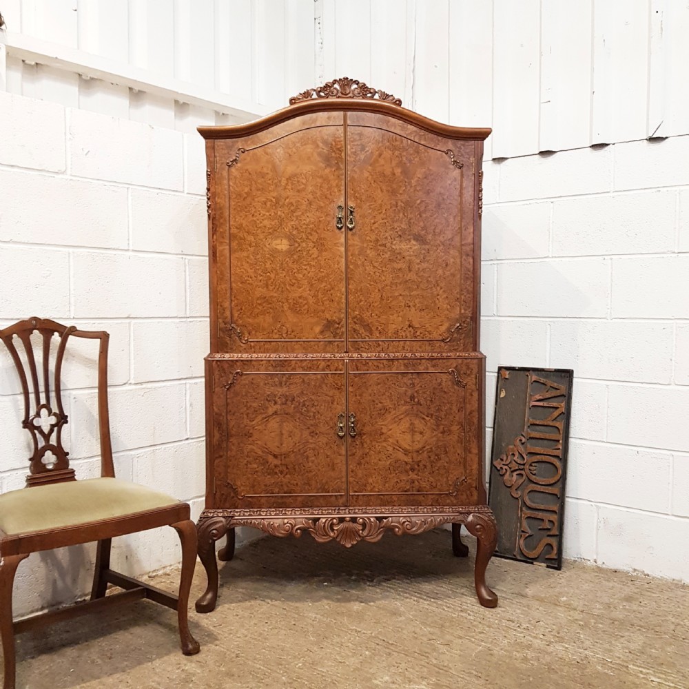 ANTIQUE QUEEN ANNE BURR WALNUT COCKTAIL CABINET C1920