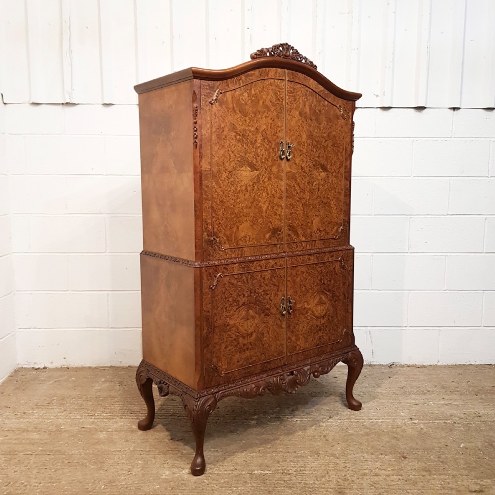 ANTIQUE QUEEN ANNE BURR WALNUT COCKTAIL CABINET C1920 View V