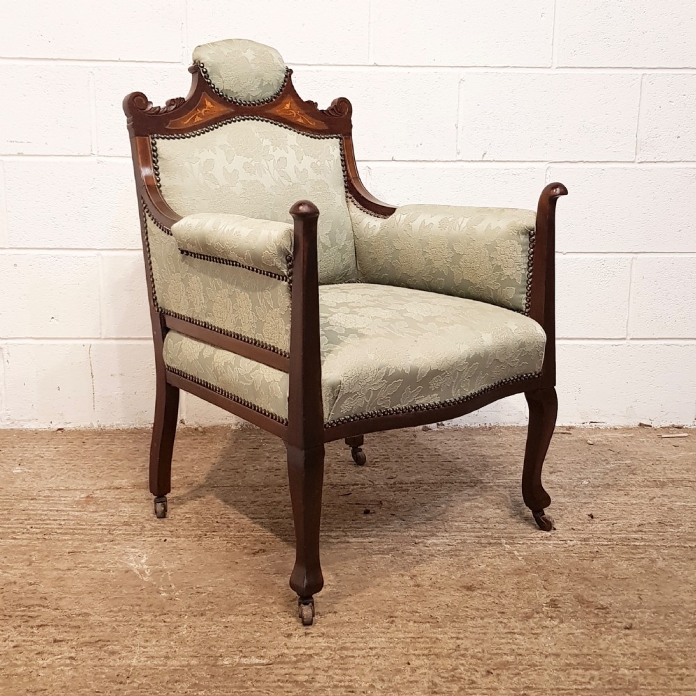 ANTIQUE ART NOUVEAU INLAID MAHOGANY SLON ARMCHAIR C1890