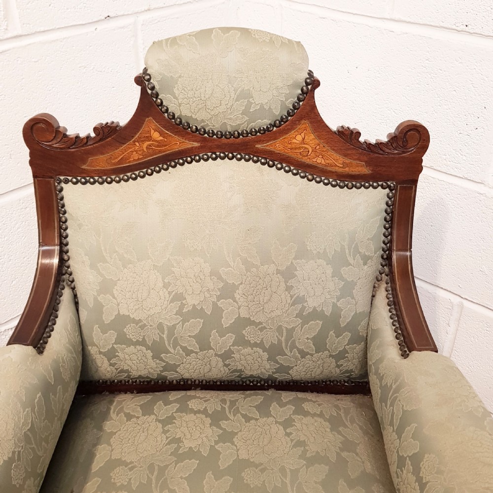 ANTIQUE ART NOUVEAU INLAID MAHOGANY SLON ARMCHAIR C1890 View II