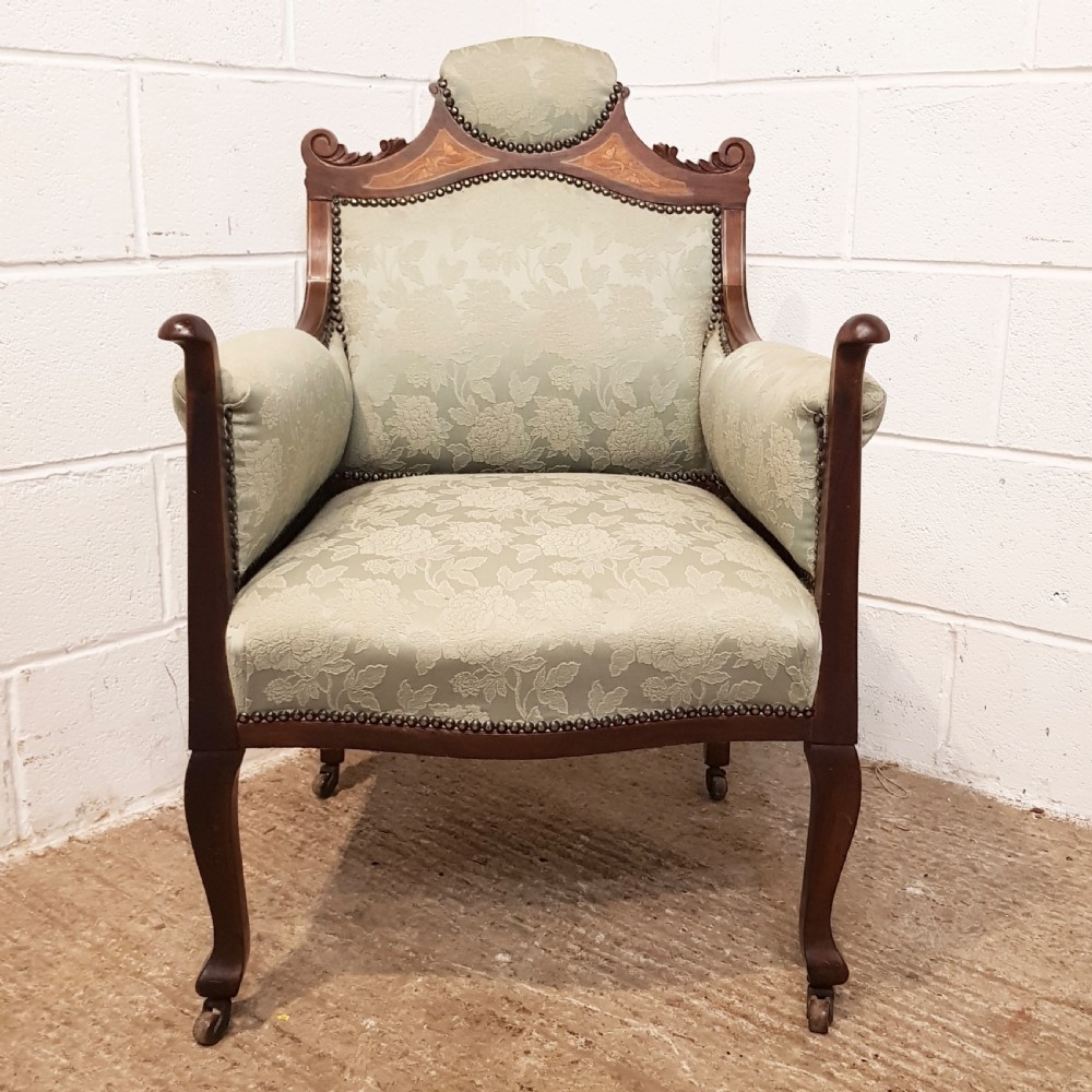 ANTIQUE ART NOUVEAU INLAID MAHOGANY SLON ARMCHAIR C1890 View VI