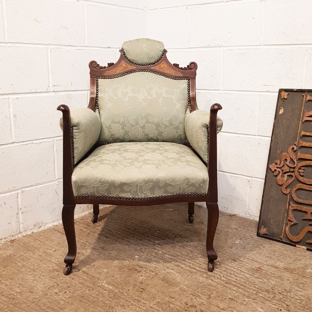 ANTIQUE ART NOUVEAU INLAID MAHOGANY SLON ARMCHAIR C1890 View X