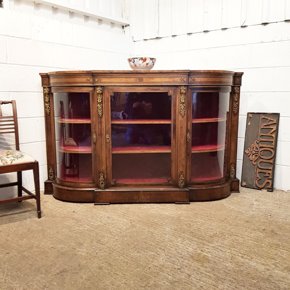 ANTIQUE VICTORIAN BURR WALNUT SERPENTINE GLAZED CREDENZA C1880