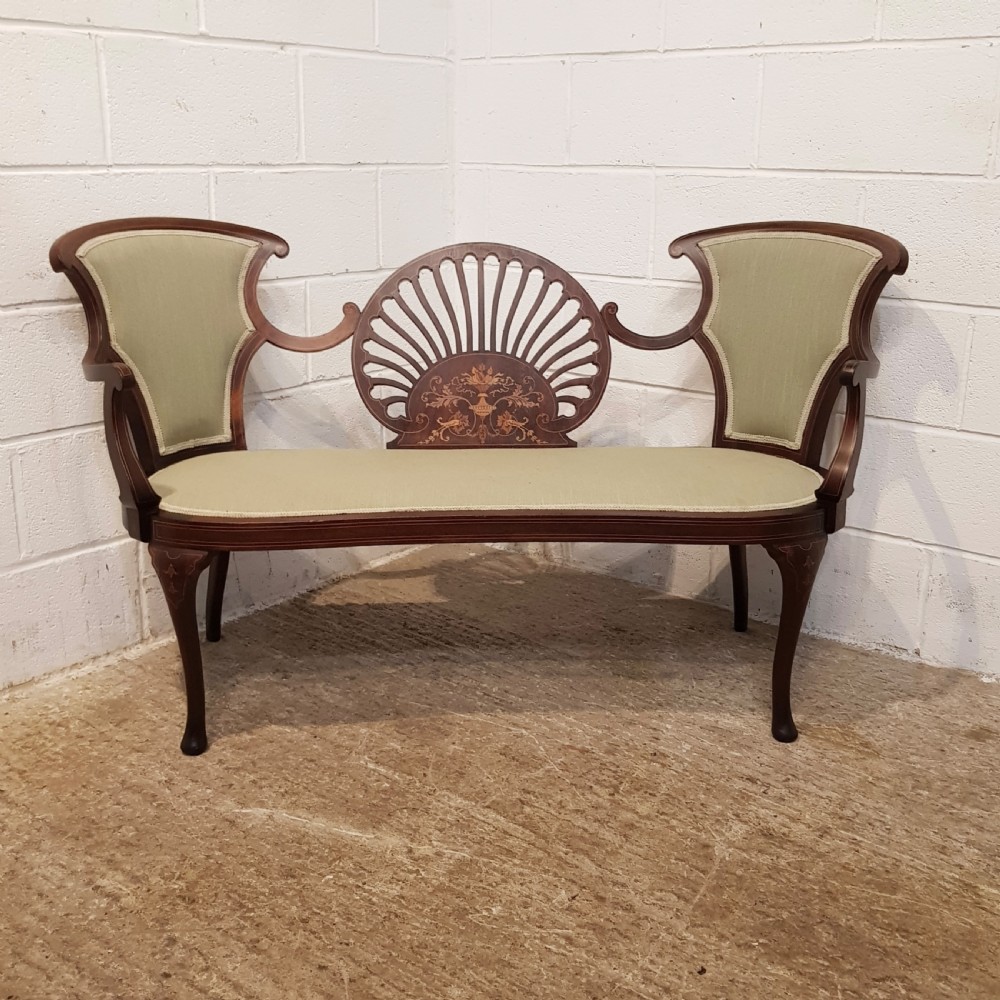 ANTIQUE ART NOUVEAU INLAID MAHOGANY SALON TRIPLE CHAIR SOFA C1890 View II