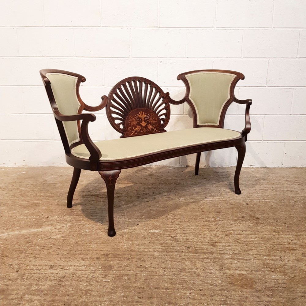 ANTIQUE ART NOUVEAU INLAID MAHOGANY SALON TRIPLE CHAIR SOFA C1890 View VI