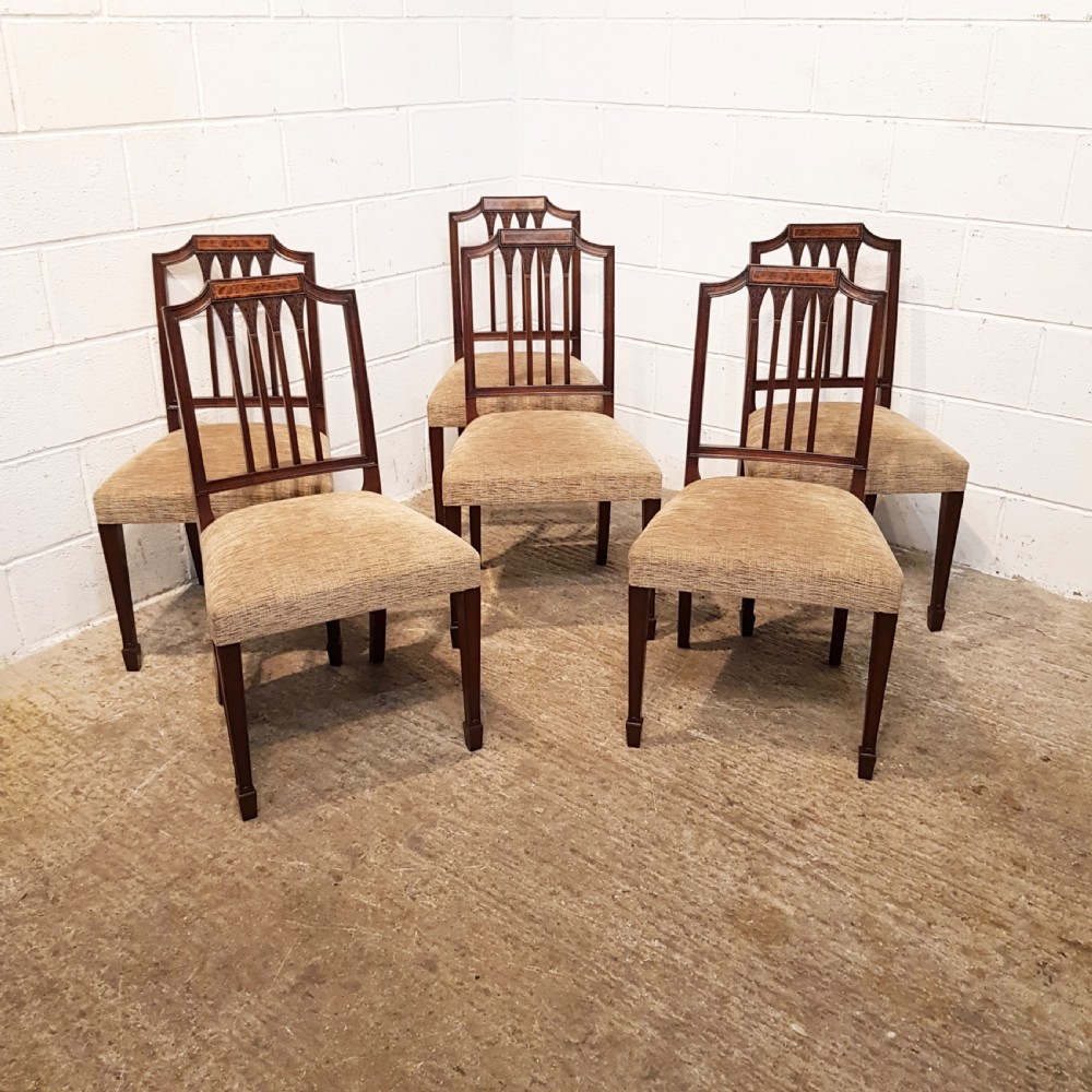 ANTIQUE SET OF SIX EDWARDIAN INLAID MAHOGANY DINING CHAIRS WHEATSHEAF DESIGN C1900