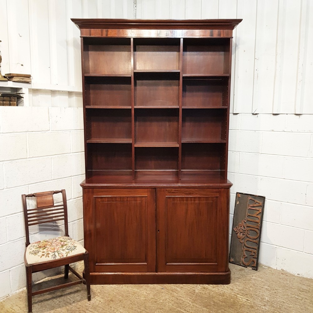 ANTIQUE LARGE VICTORIAN MAHOGANY OPEN BOOKCASE ON CUPBOARD C1880