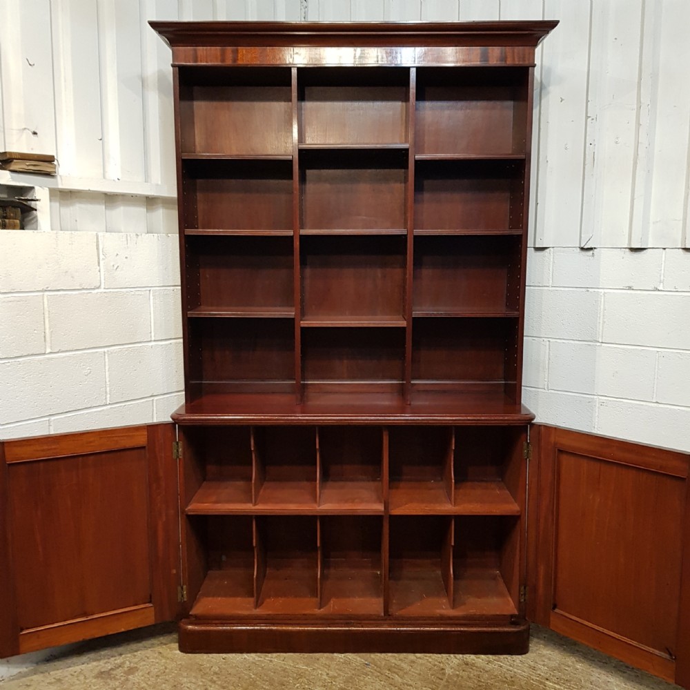 ANTIQUE LARGE VICTORIAN MAHOGANY OPEN BOOKCASE ON CUPBOARD C1880 View V