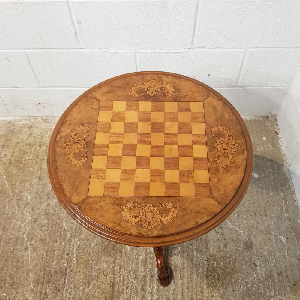 ANTIQUE VICTORIAN INLAID BURR WALNUT TRIPOD GAMES TABLE C1880 View III