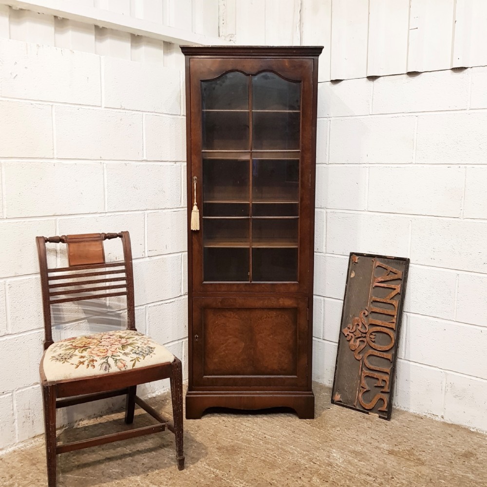 ANTIQUE BURR WALNUT TALL NARROW GLAZED BOOKCASE C1920.