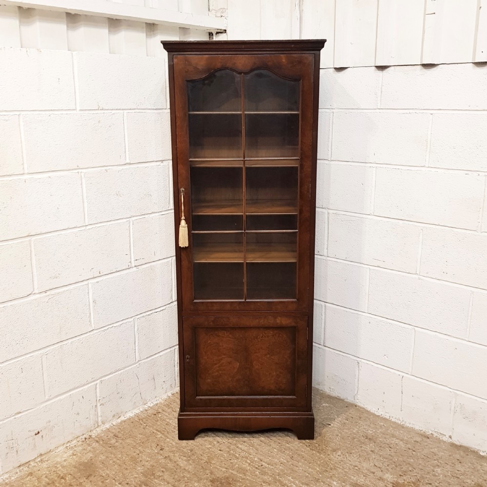 ANTIQUE BURR WALNUT TALL NARROW GLAZED BOOKCASE C1920. View III