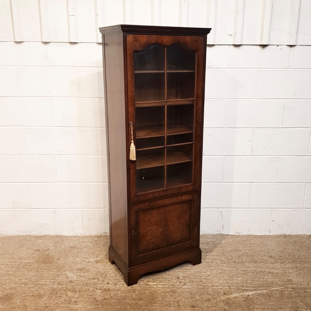 ANTIQUE BURR WALNUT TALL NARROW GLAZED BOOKCASE C1920. View IV