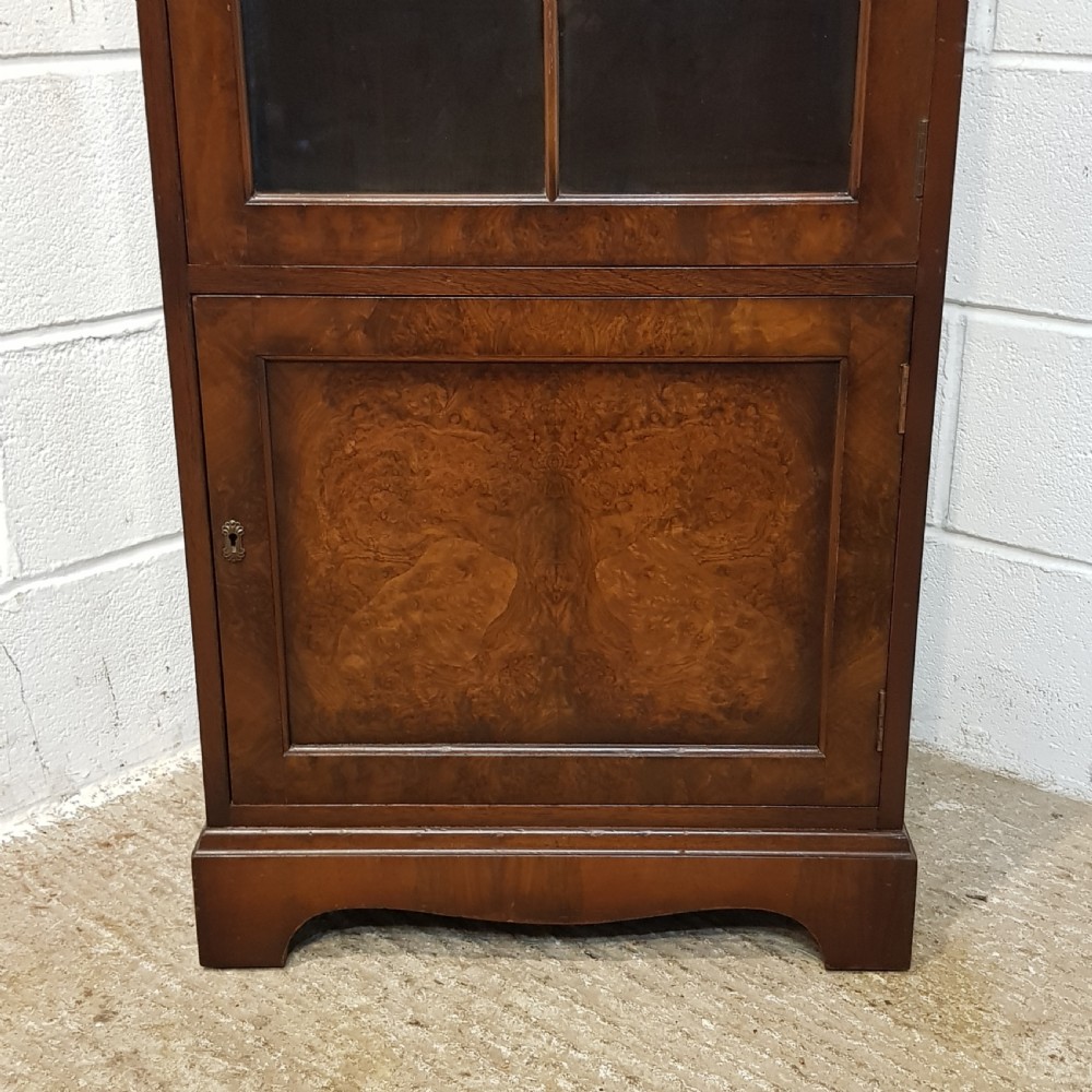 ANTIQUE BURR WALNUT TALL NARROW GLAZED BOOKCASE C1920. View V