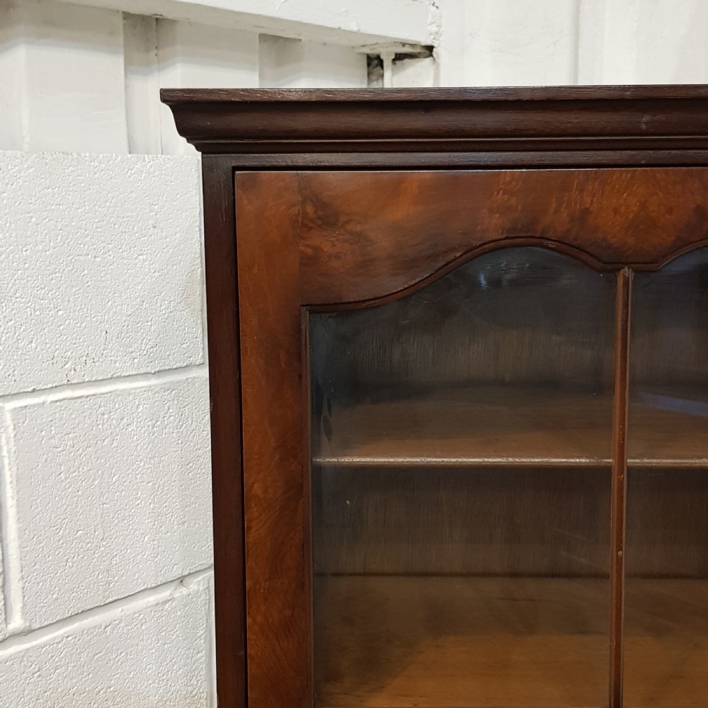 ANTIQUE BURR WALNUT TALL NARROW GLAZED BOOKCASE C1920. View VI
