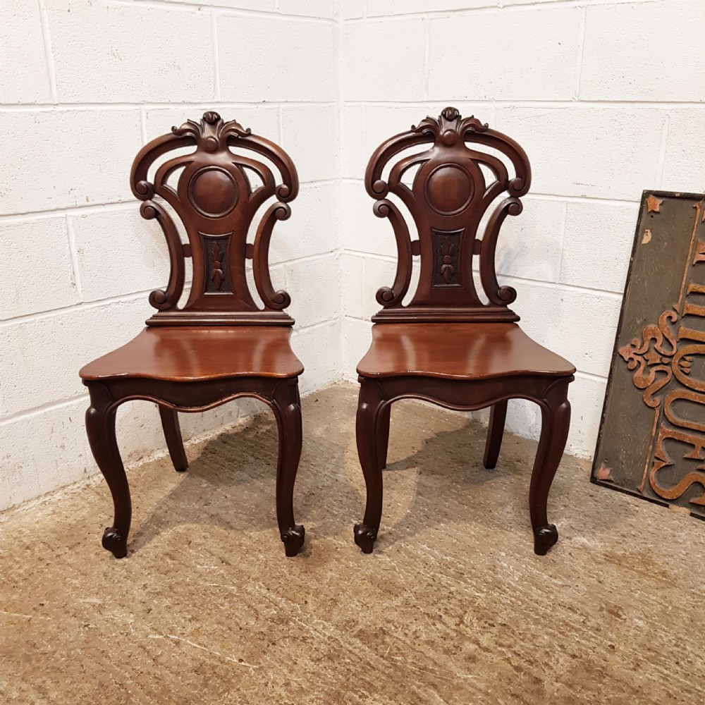 ANTIQUE PAIR VICTORIAN MAHOGANY SHIELD BACK HALL CHAIRS C1880
