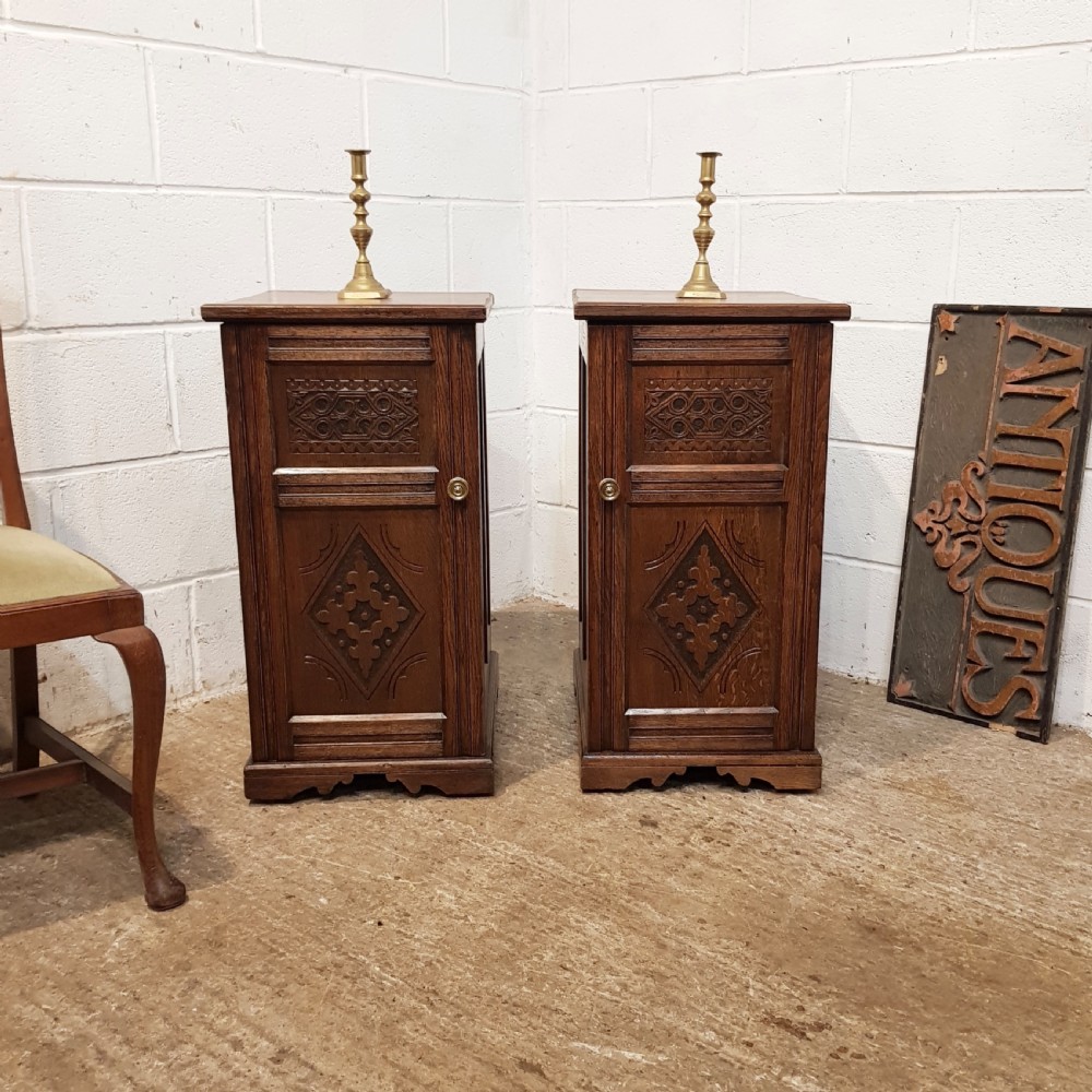 ANTIQUE PAIR VICTORIAN CARVED OAK BEDSIDE CABINETS C1880