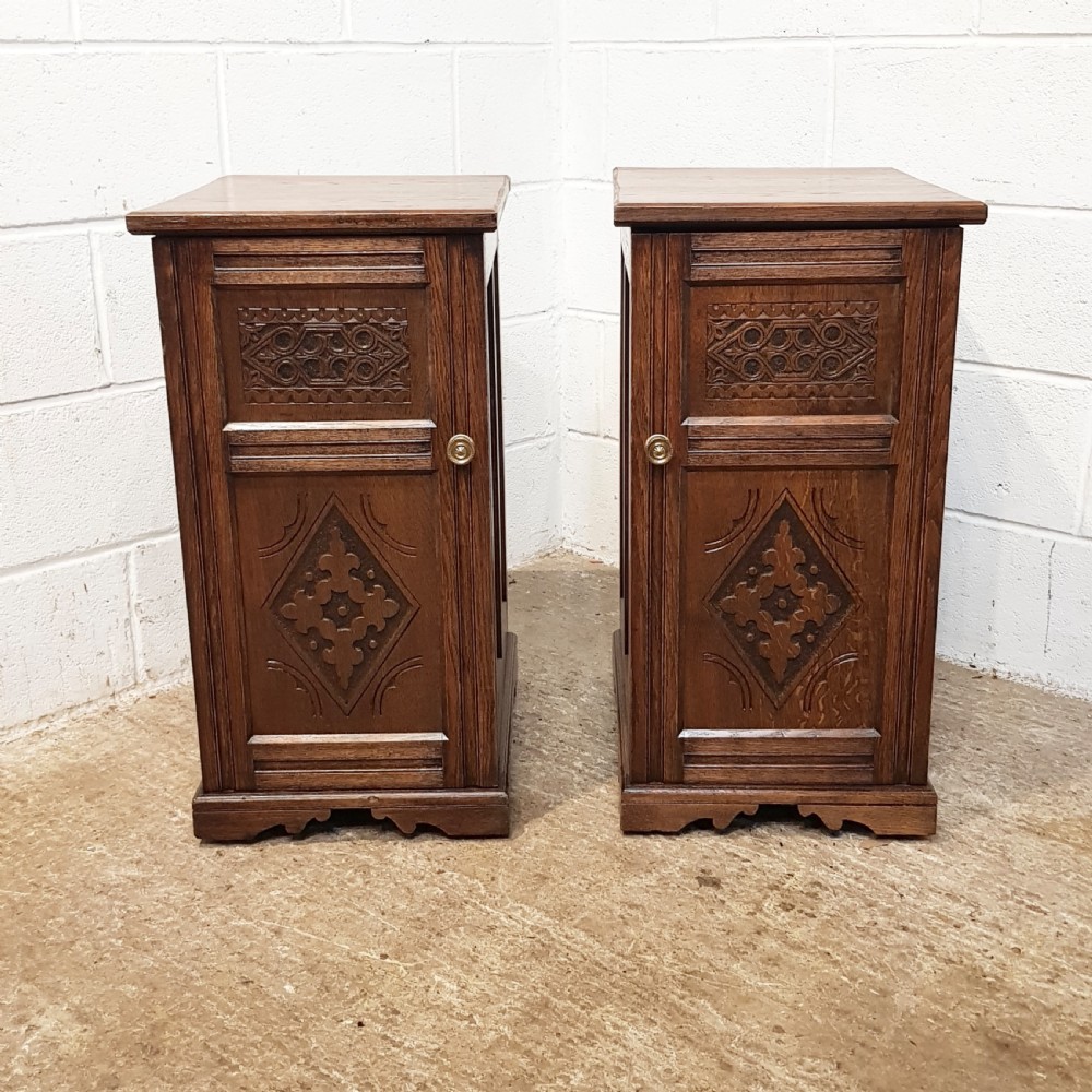 ANTIQUE PAIR VICTORIAN CARVED OAK BEDSIDE CABINETS C1880 View II