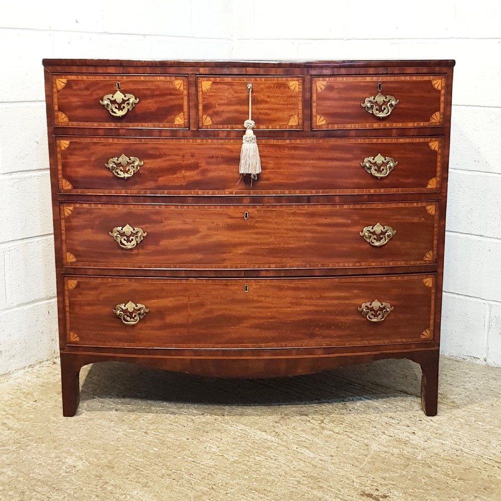 ANTIQUE REGENCY INLAID MAHOGANY BOW FRONT CHEST OF DRAWERS C1820