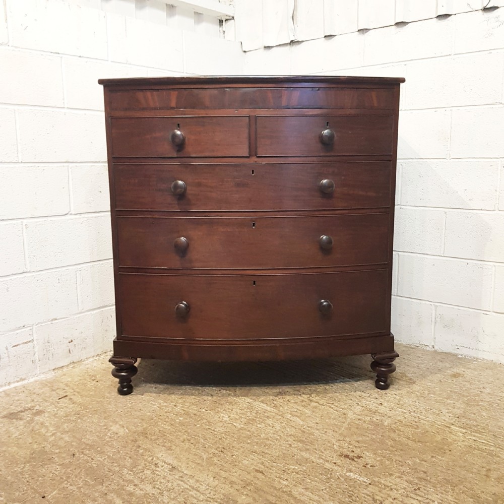 ANTIQUE VICTORIAN BOW FRONT MAHOGANY CHEST OF DRAWERS C 1860 View V