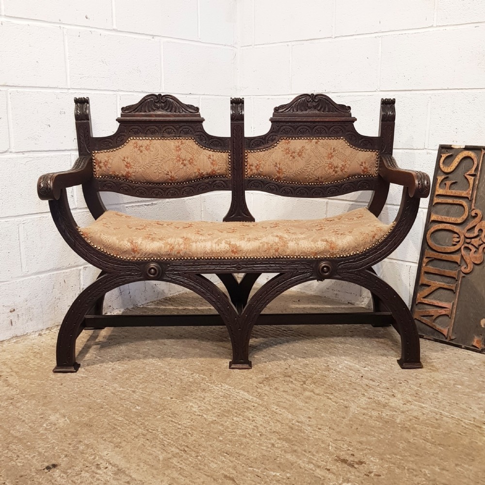 ANTIQUE EDWARDIAN SAVONAROLA X FRAME TWO CHAIR SOFA C1900
