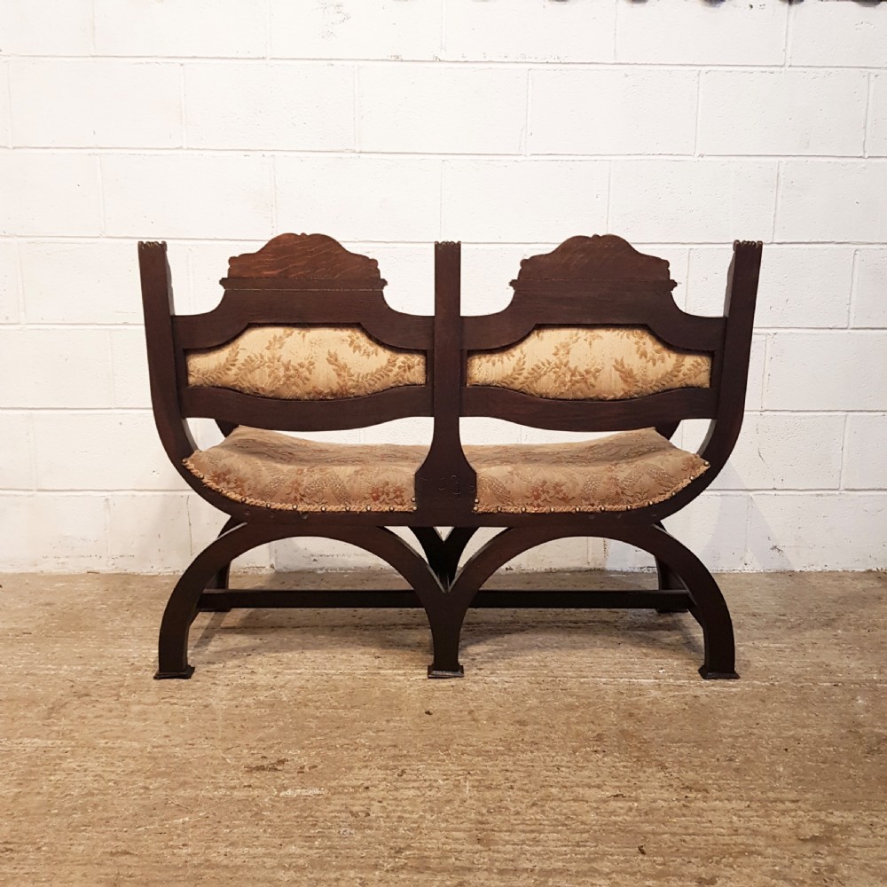 ANTIQUE EDWARDIAN SAVONAROLA X FRAME TWO CHAIR SOFA C1900 View II