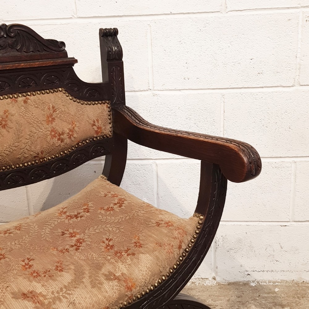 ANTIQUE EDWARDIAN SAVONAROLA X FRAME TWO CHAIR SOFA C1900 View V