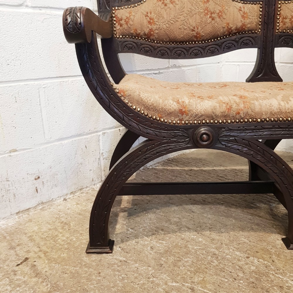 ANTIQUE EDWARDIAN SAVONAROLA X FRAME TWO CHAIR SOFA C1900 View XI