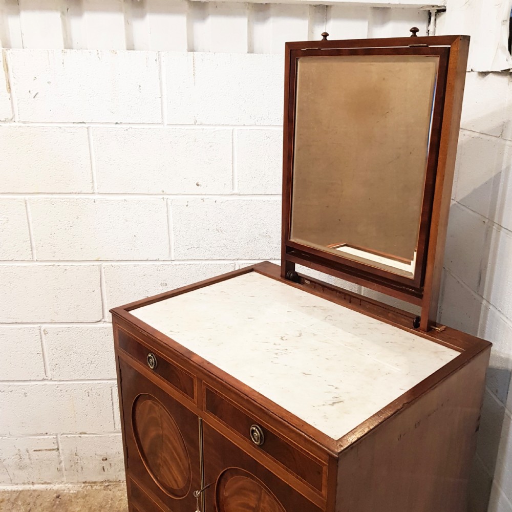 ANTIQUE REGENCY INLAID MAHOGANY MARBLE TOP WASHSTAND with hidden mirror c1820 View XIII