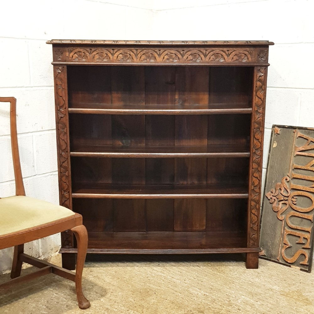 ANTIQUE VICTORIAN CARVED OAK OPEN BOOKCASE C1880