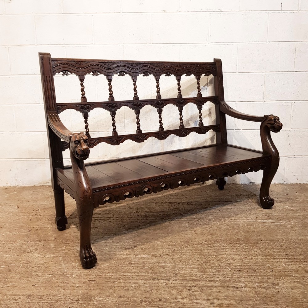 ANTIQUE VICTORIAN CARVED OAK HALL BENCH C1880