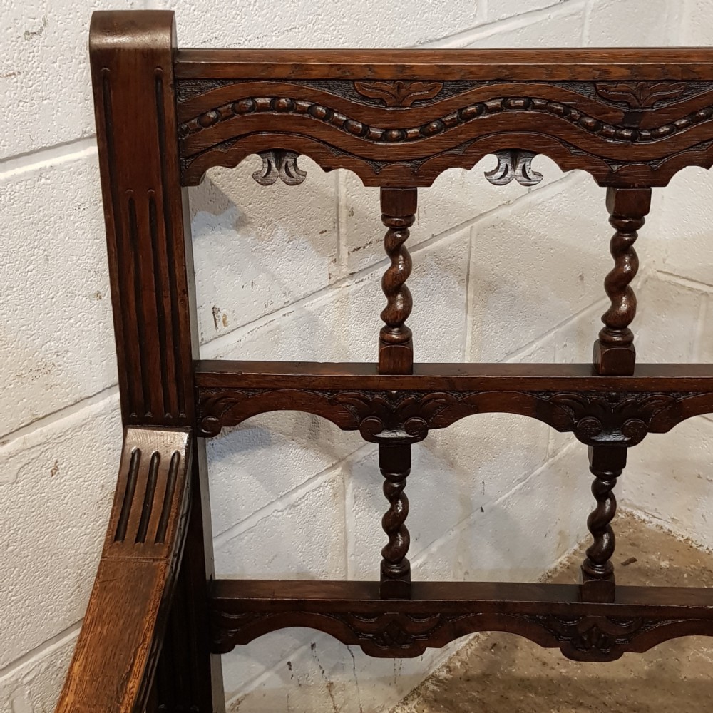 ANTIQUE VICTORIAN CARVED OAK HALL BENCH C1880 View II