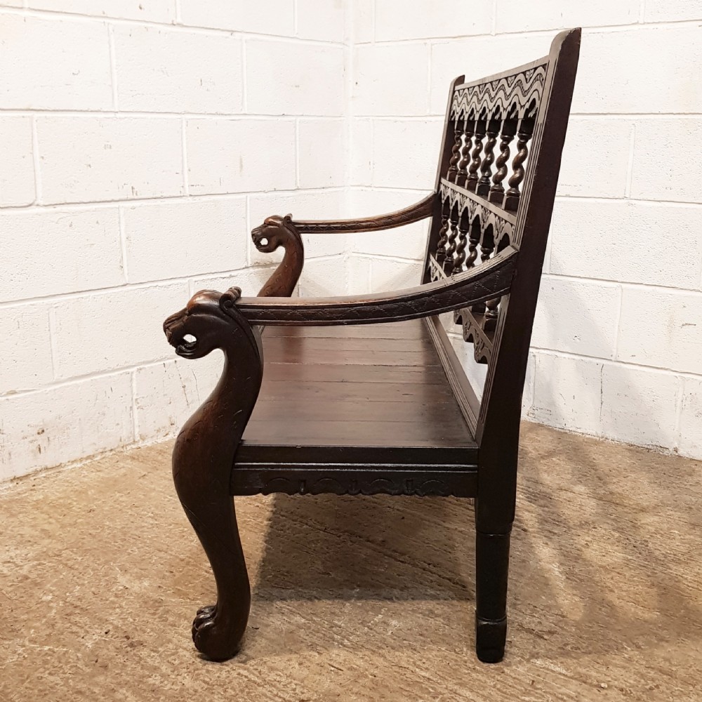 ANTIQUE VICTORIAN CARVED OAK HALL BENCH C1880 View V